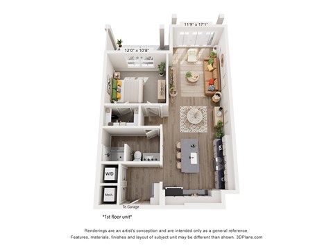 A 3D floor plan of a small apartment with a kitchen, living room, and bathroom.